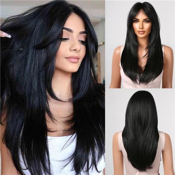 Long Black Wig with Bangs Straight Layered Wig for Women Natural Looking - Picture 1 of 7